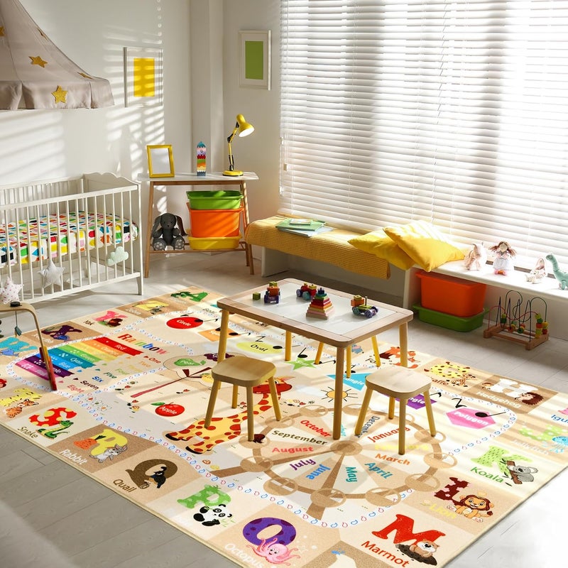 B BENRON Kids Rugs for Playroom Washable, Educational and Fun Learning Rugs with ABC Alphabet Animals Shapes, Baby Toddler Children's Play Mat for Bedroom Classroom Nursery, 3x5 Feet, Beige and Pink - Image 2